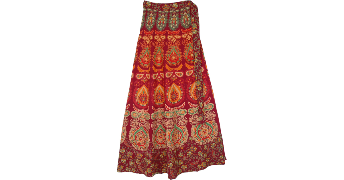 Royal Maroon Ethnic Block Printed Cotton Wrap Skirt | Red | Wrap-Around ...