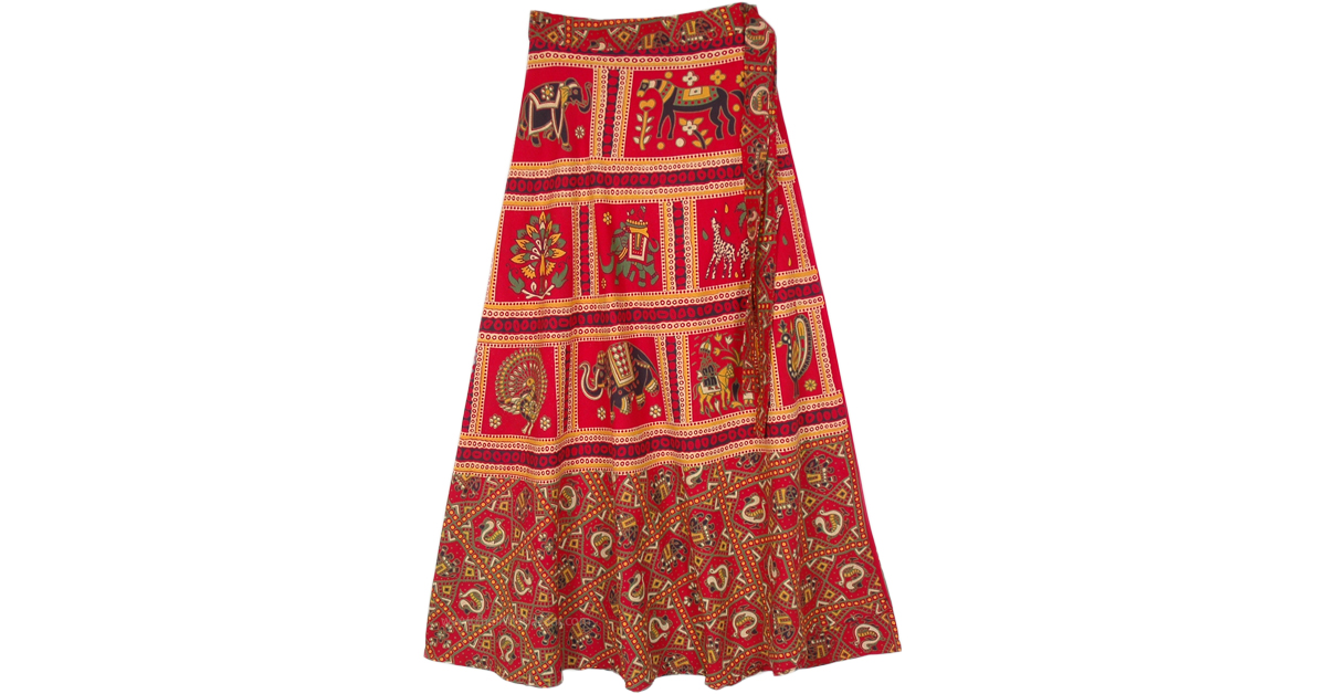 Printed Animal Frames Red Wrap Around Skirt | Red | Wrap-Around-Skirt ...