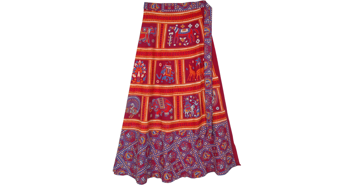 Tribal Safari Mahogany Red Cotton Wrap Around Skirt | Red | Wrap-Around ...