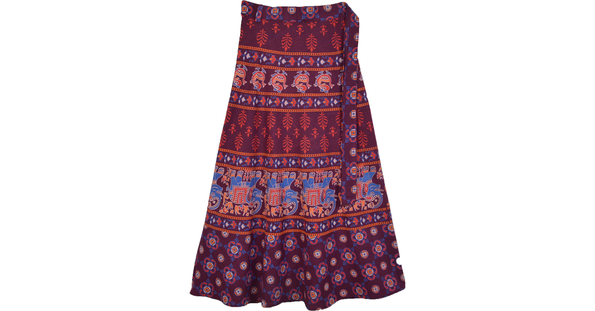 Burgundy Animal Print Long Wrap Skirt | Red | Wrap-Around-Skirt ...