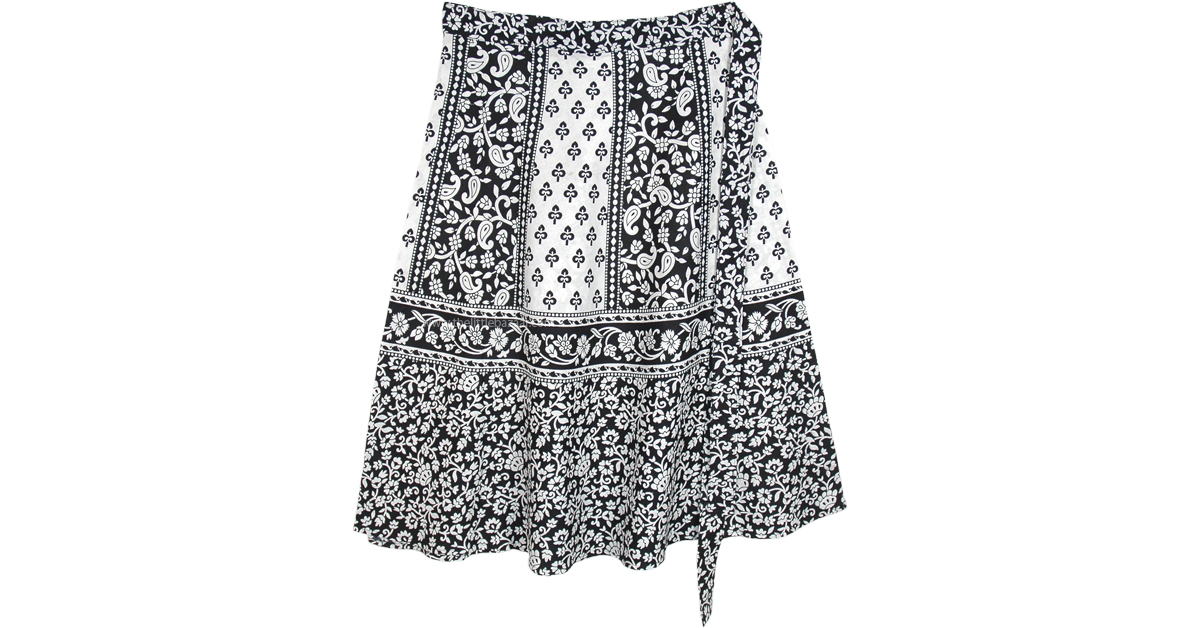 Floral and Paisley Plus Short Wrap Skirt in Black And White | Black ...