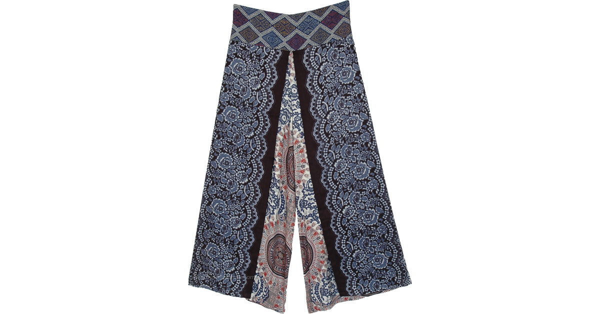 Smoke Cloud Mandala Front Slit Rayon Trousers | Blue | Split-Skirts-Pants