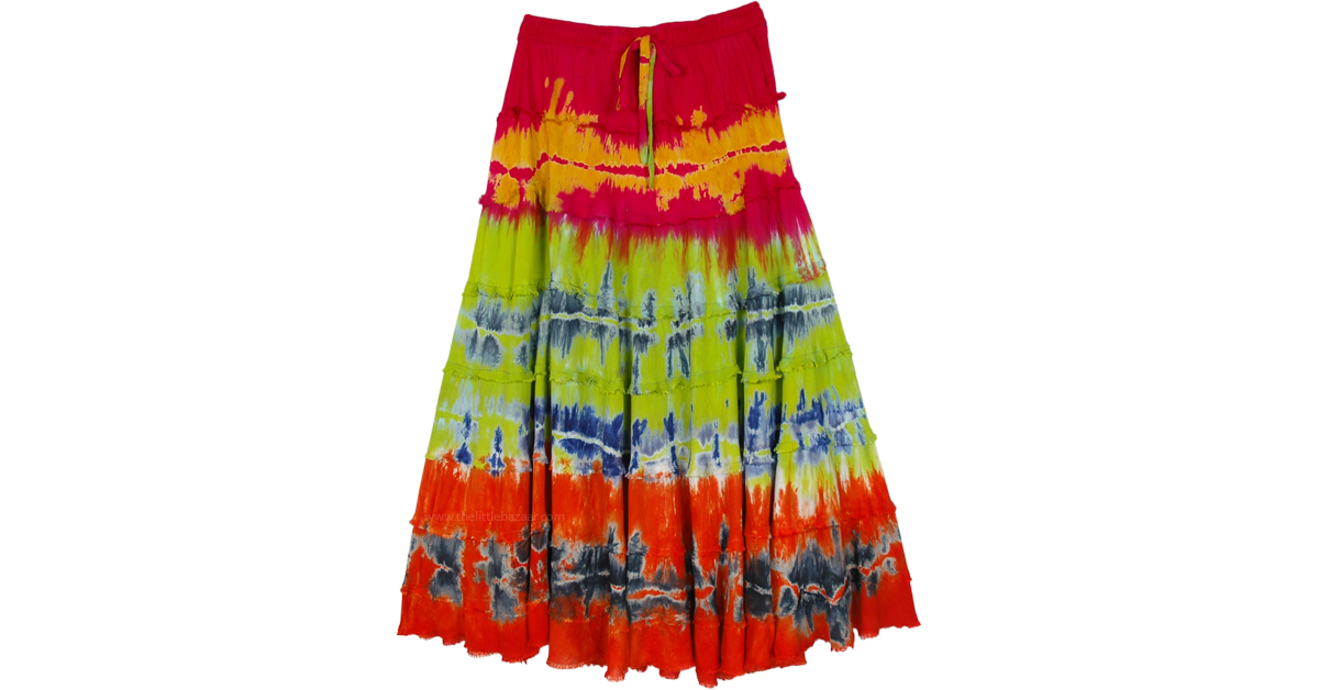 Exotic Island Vibrant Tie Dye Tiered Rayon Skirt | Orange | Tiered ...