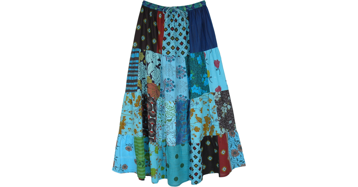 Blue Haze Multi Print Patchwork Cotton Skirt | Blue | Patchwork, Maxi ...