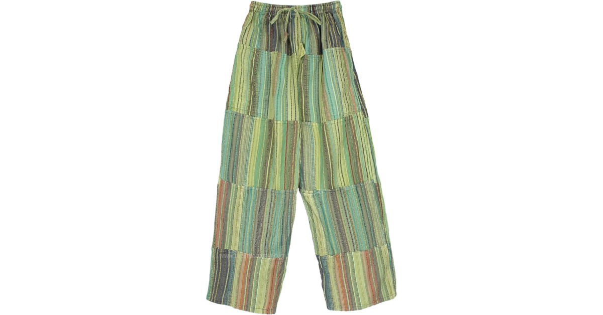 Coral Striped Hippie Unisex Pants in Tinted Green  Green  SplitSkirts Pants Patchwork Stonewash Pocket Striped Bohemian