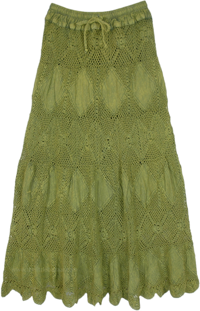 Olive Military Green Crochet Patchwork Cotton Hippie Skirt Green