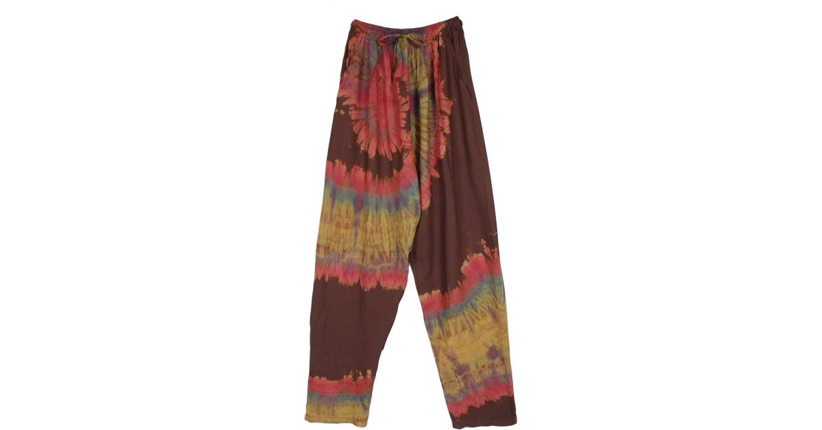 Fiery Dusk Tie Dye Lounge Pants with Drawstring | Brown | Split-Skirts ...