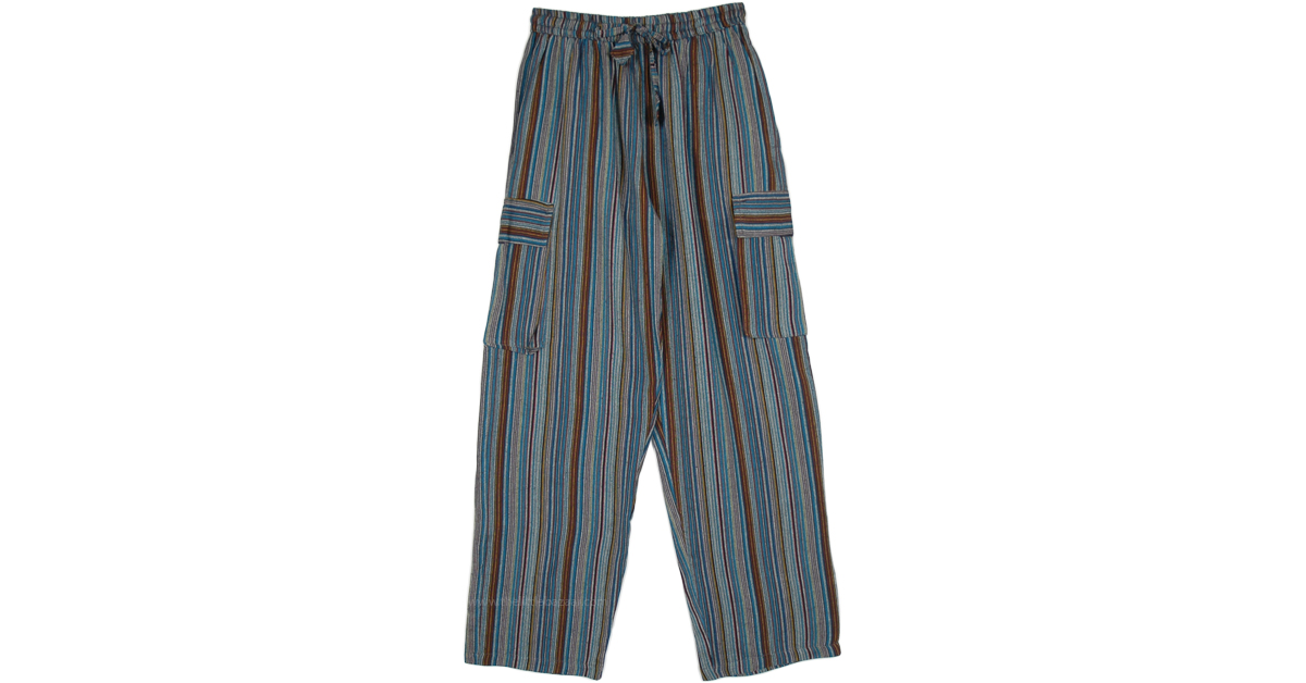 Ocean Blue Boho Casual Cotton Cargo Pants | Blue | Split-Skirts-Pants ...