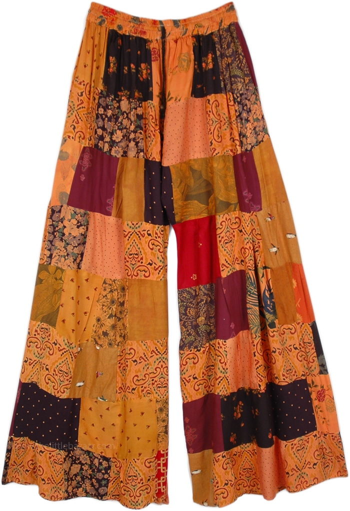 Orange Ice Candy Rayon Patchwork Boho Trousers | Orange | Split-Skirts ...