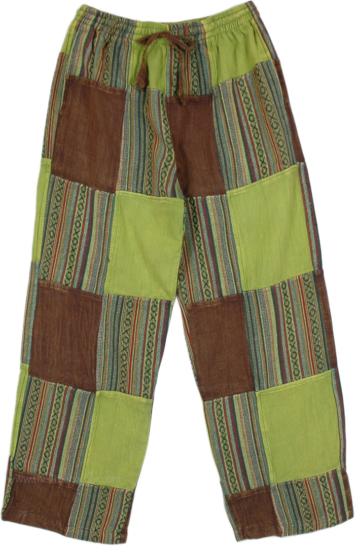 Boho Pants with Plain and Striped Patchwork with Drawstring Elastic Waist, Bright Forest Solid Stripes Patchwork Cotton Pants
