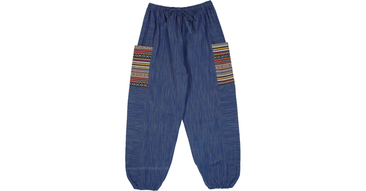 Women's Drawstring Pinstripes Cotton Pants with Aztec Pocket in