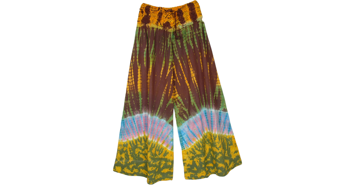 Jungle Fiesta Tie Dye Hippie Pants With Crochet Yoke Multicoloured