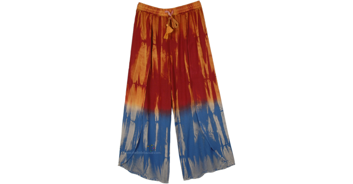 Ocean Cliff Tie Dye Wrap Slit Pants Brown Split Skirts Pants Tie Dye Bohemian 1055