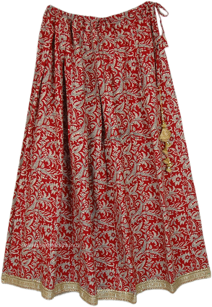 Long Cotton Skirt with Ethnic Printed Floral Motifs, Quintessential Red Paisley Cotton Shimmer Skirt