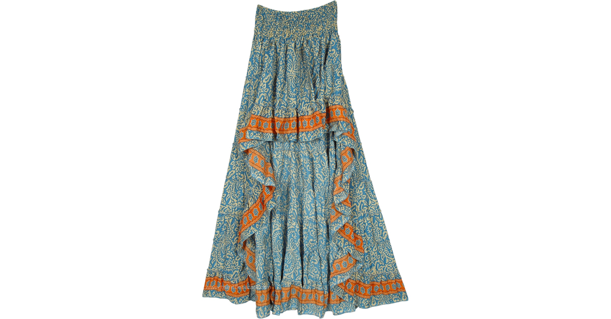 Aqua Flowers Smocked Waist High Low Skirt with Tiers | Blue | Tall ...