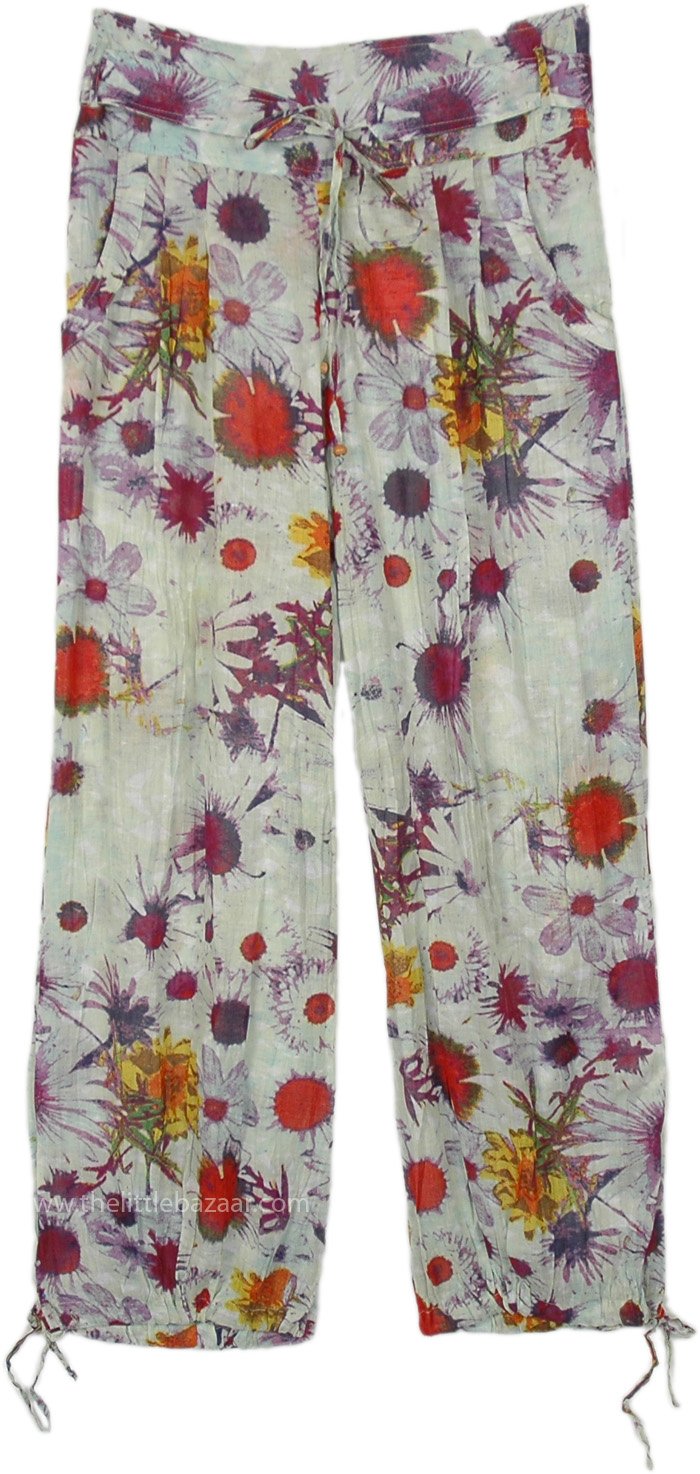 Sheer Printed Sparkle Tie-Bottom Boho Pants