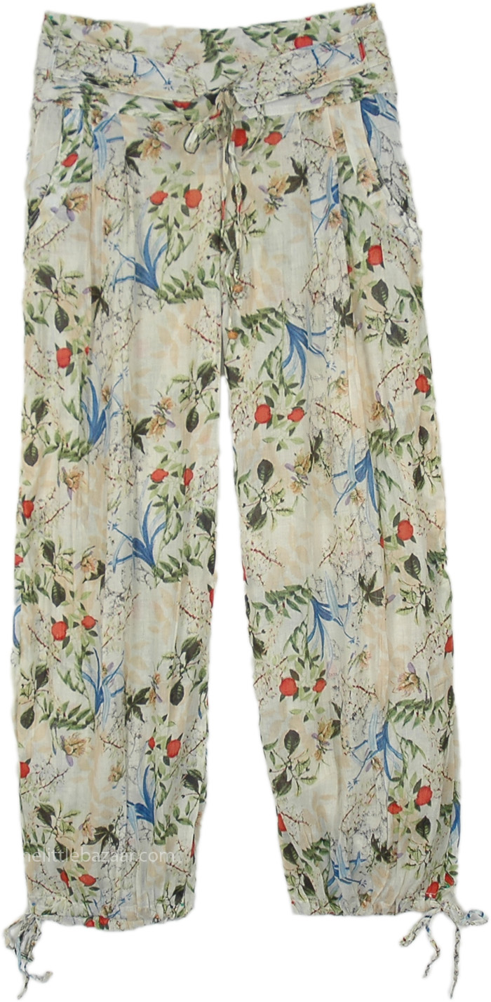 Boho Gypsy Festive Vibrant Pants, Summer Berry and Leaf Light Boho Pants