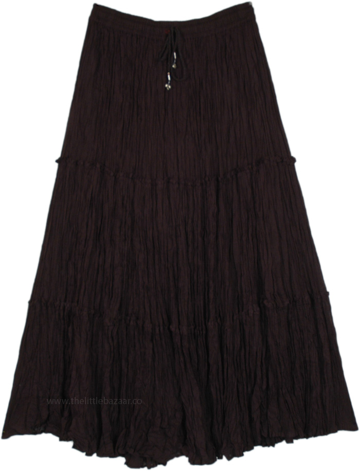 Solid Black Summer Mid Length Cotton Skirt, Midnight Tiered Cotton Mid Length Womens Skirt