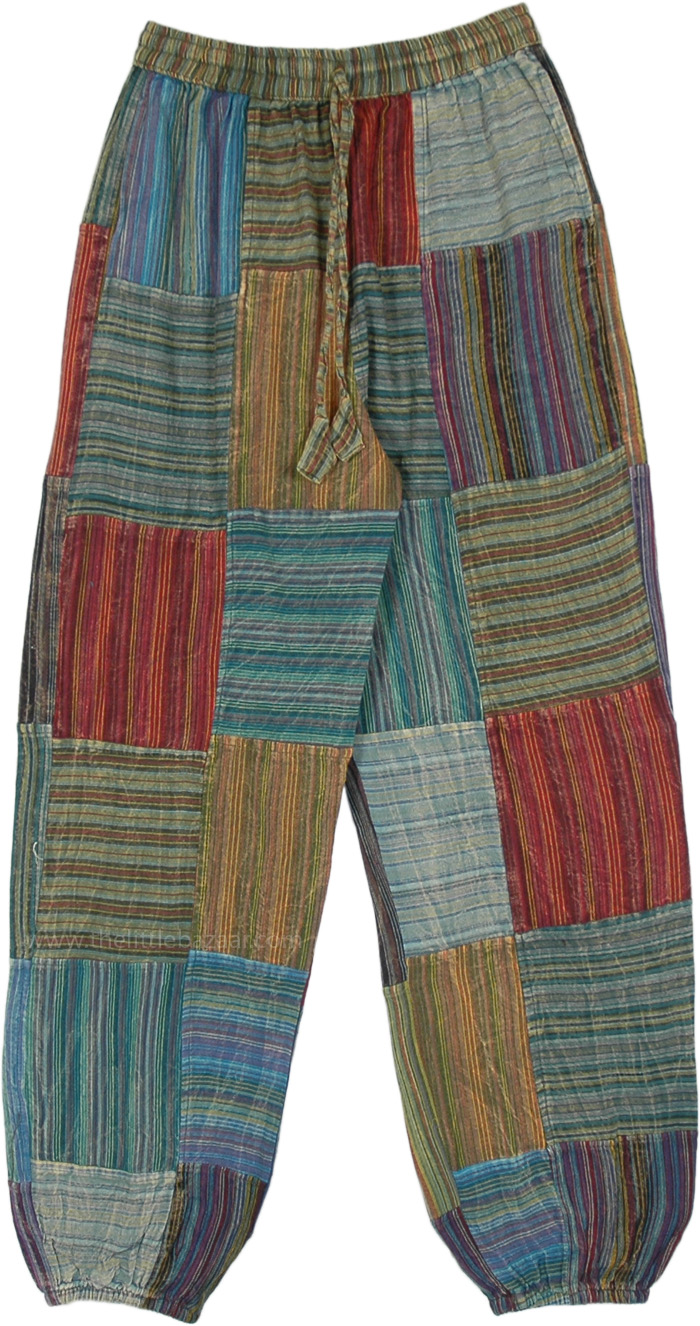 Plus Size Hippie Harem Cotton Striped Patchwork Pants, Multicoloured