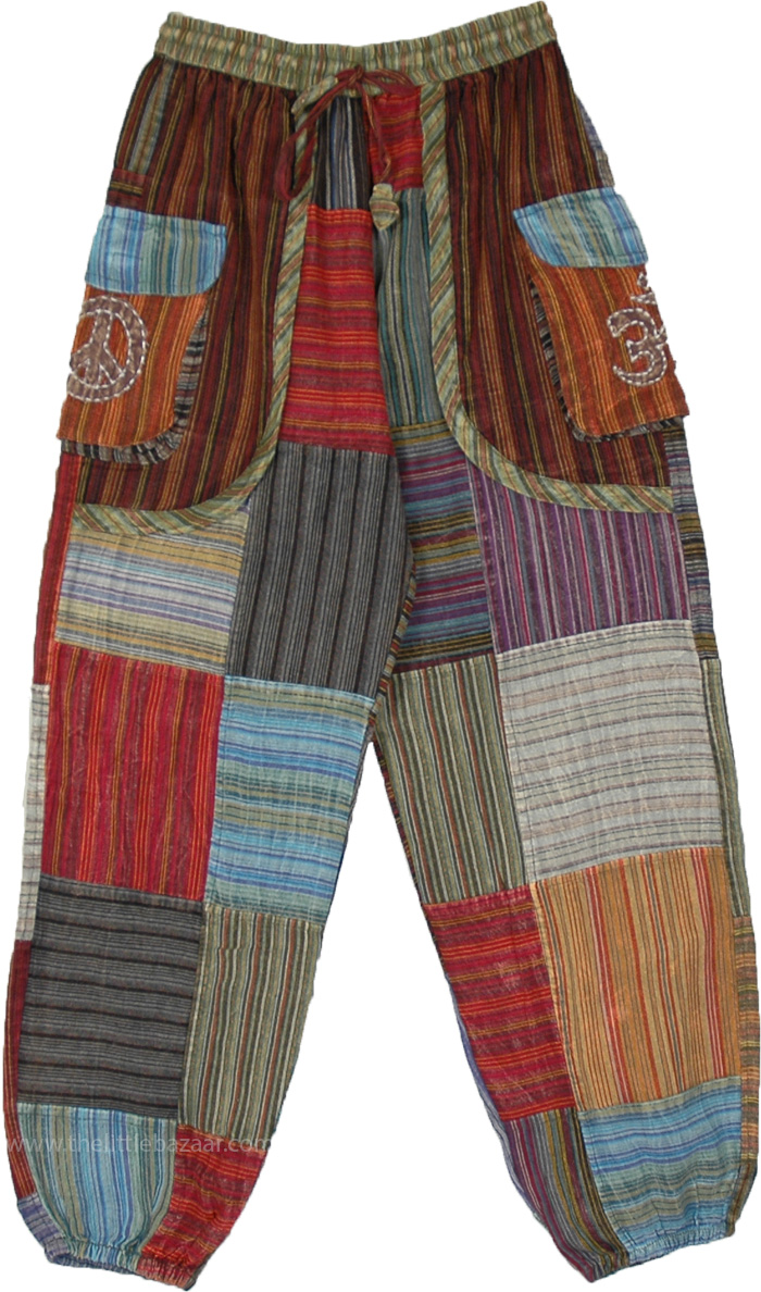 Striped Patchwork Harem Pants with Om and Peace Pockets | Multicoloured ...