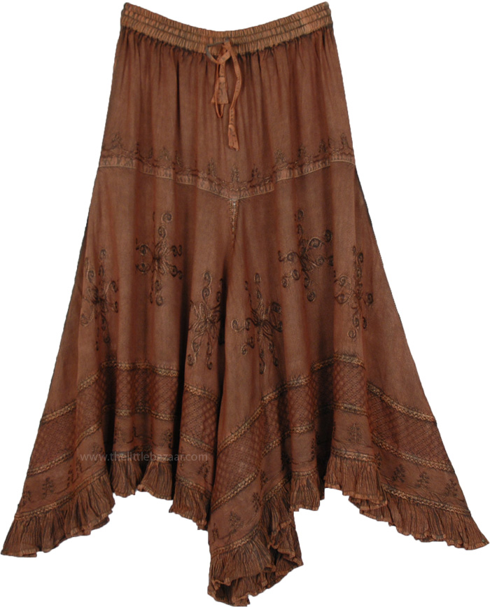 Western Style Brown Rodeo Skirt with Embroidery, Beetle Brown High Low Renfaire Aesthetic Skirt