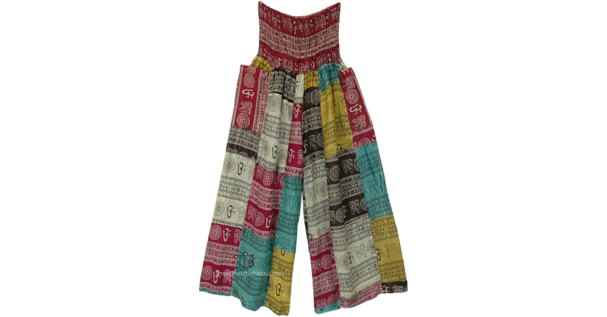 Multicolored Om Patchwork Boho Pants with Cuffed Ankles