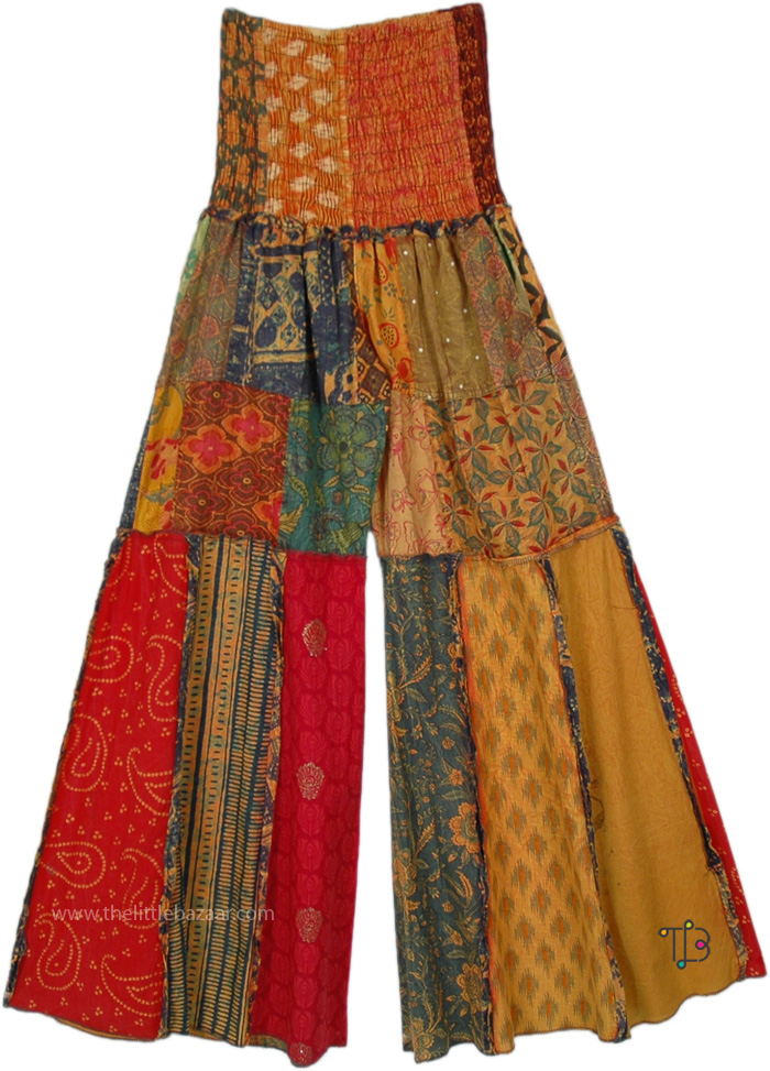Summer Style Wide Leg Orange Gypsy Pants , Delectable Mixed Patchwork Long Panel Bohemian Pants