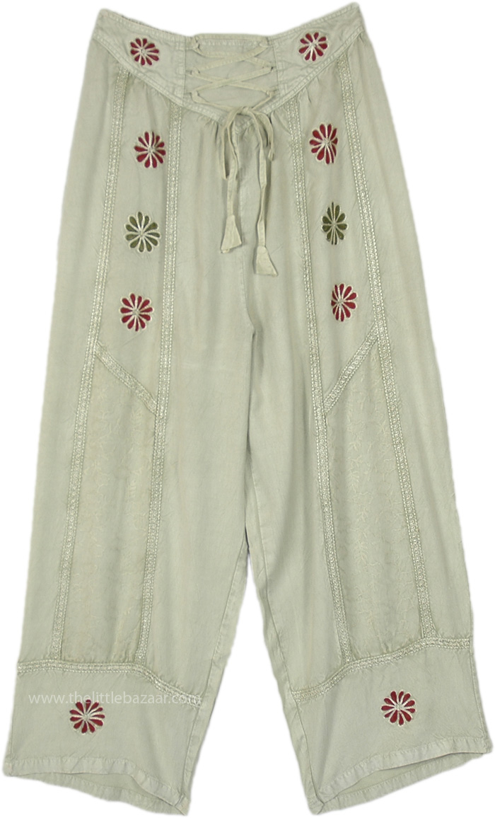 Comfy Green Pants with Embroidery, Pistachio Bohemian Leisure Comfort Pants
