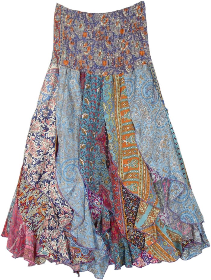 Pastel Palooza Sari Paneled Ruffled Boho Skirt, Multicoloured