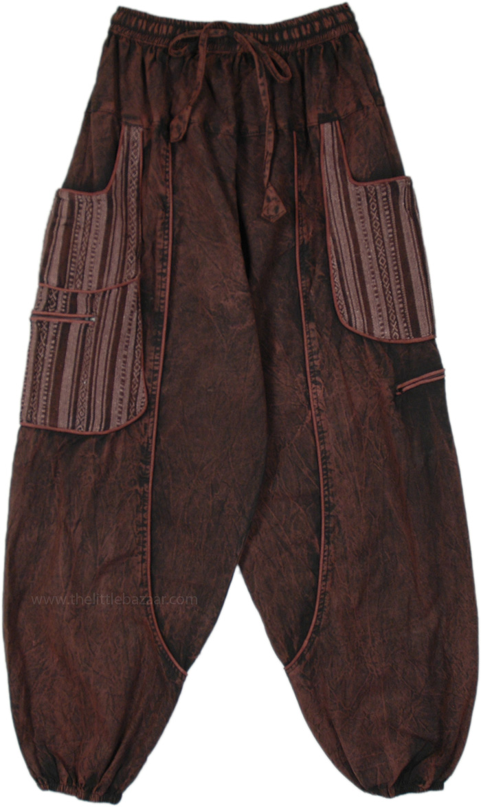 Unisex Harem Pants in Brown with Pockets, Cola Brown Piped Harem Style Hippie Pocket Pants