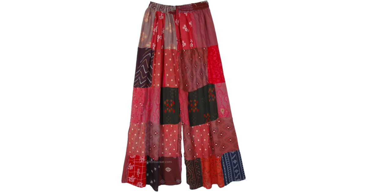 Ruby Blossom Wide Leg Bohemian Patchwork Pants, Red