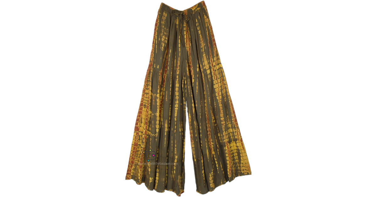 Golden Henna Tie Dye Flowy Pants Green Split Skirts Pants Bohemian