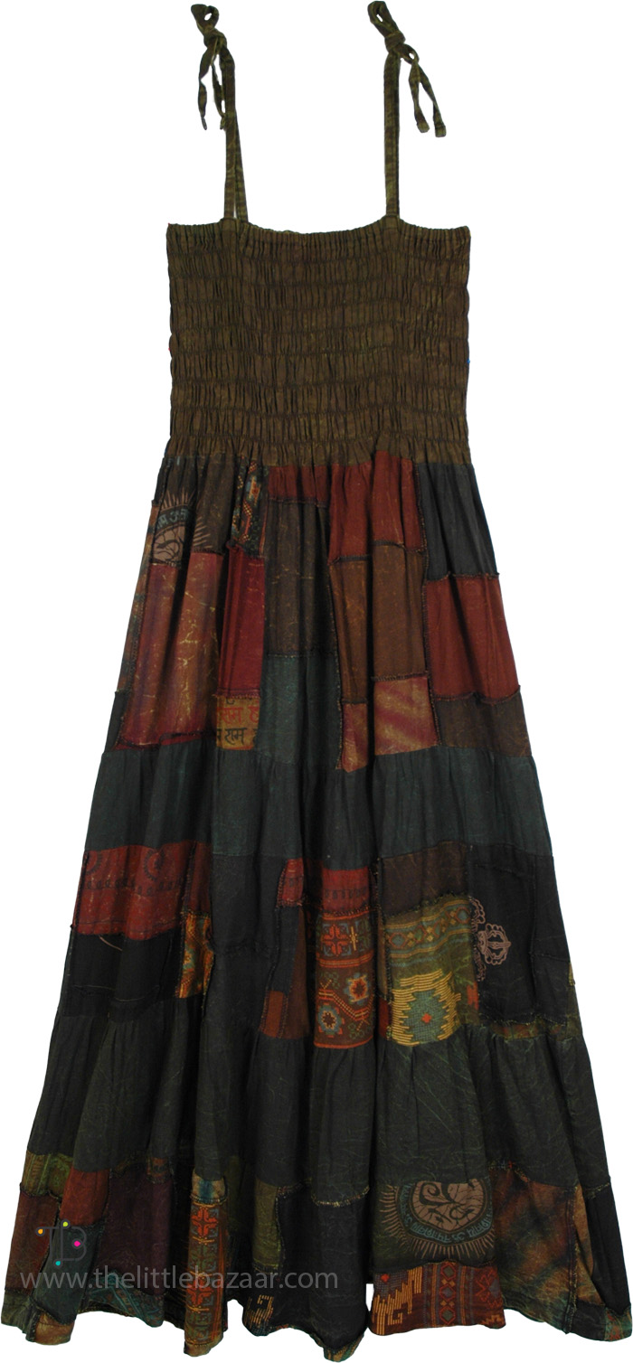 Smocked Boho Brown Patchwork Dress or Skirt, Birch Brown Patchwork Boho Long Dress Skirt