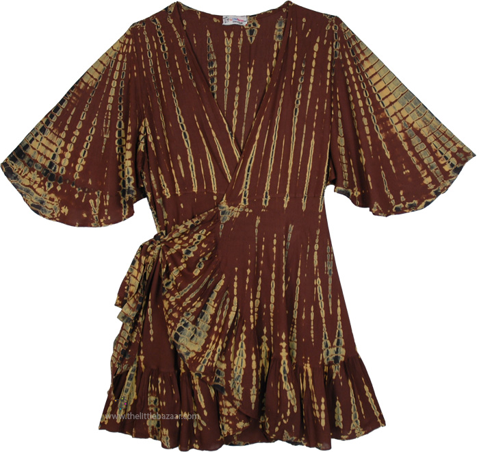 Short Tie-Dye Wrap Dress with Ruffle Hem, Amber Glow Wrap Around Butterfly Sleeve Sundress