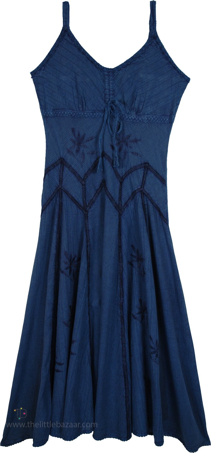 Blue Sleeveless Dress with Lace Details and Adjustable Straps, Charming Blue Cotton Western Maxi Dress