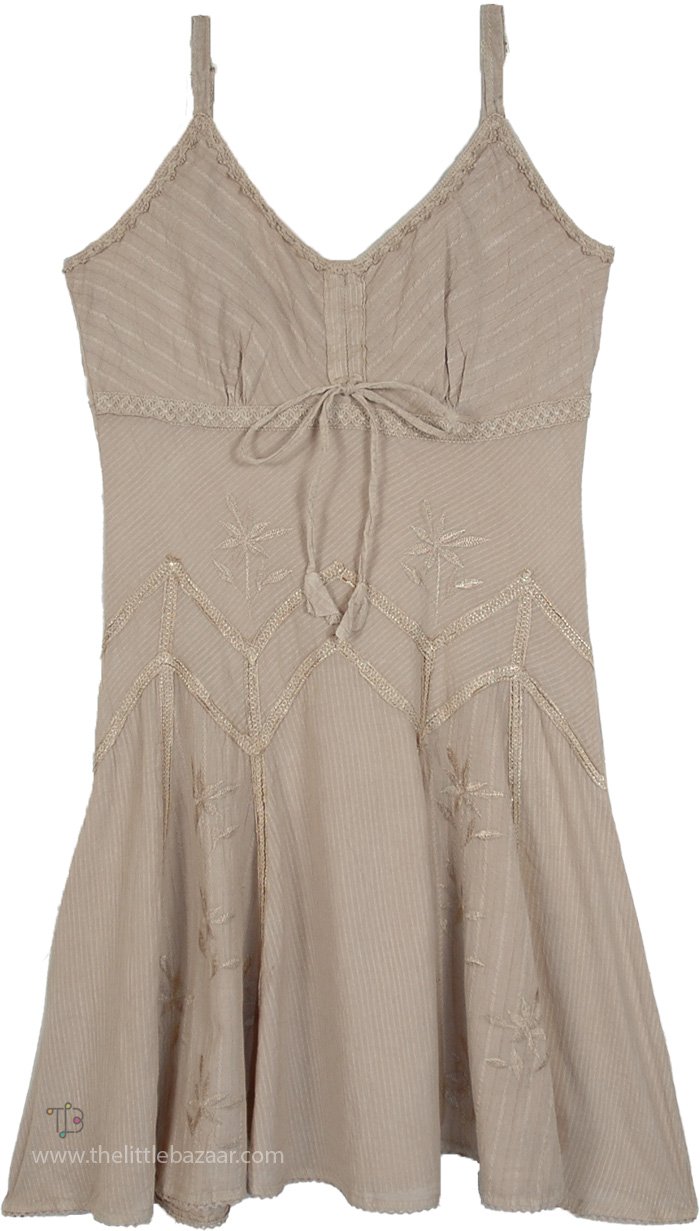 Embroidered Cotton Sundress in Blissful Beige, Malta Beige Tropical Cotton Sundress