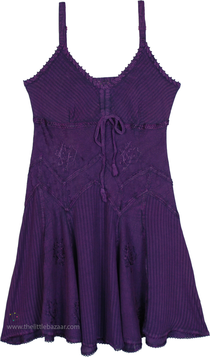 Embroidered Rayon Sundress in Perky Purple, Bossanova Knee Length Playful Sundress