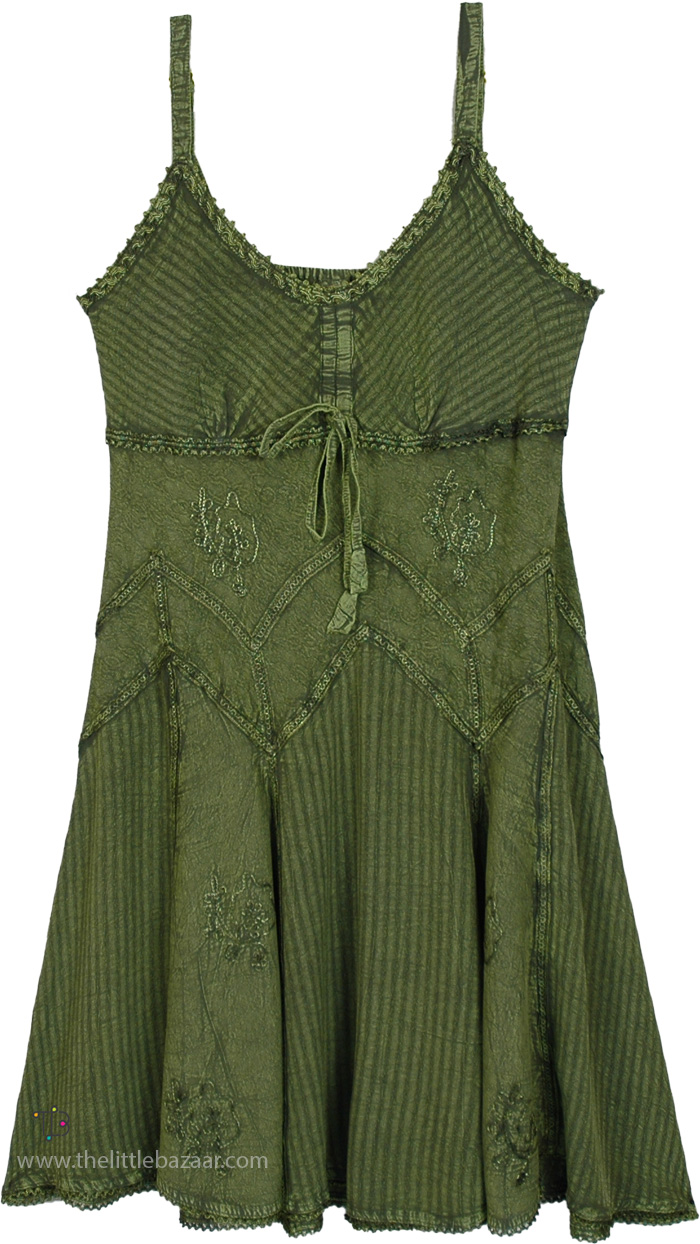 Embroidered Rayon Sundress in Forest Green, Tender Green Knee Length Daywear Sundress