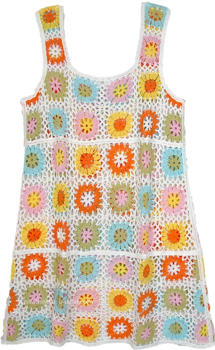 Loose Fit Style Dress Colorful Crochet Flowers, Pastel Love Spaghetti Croched Dress