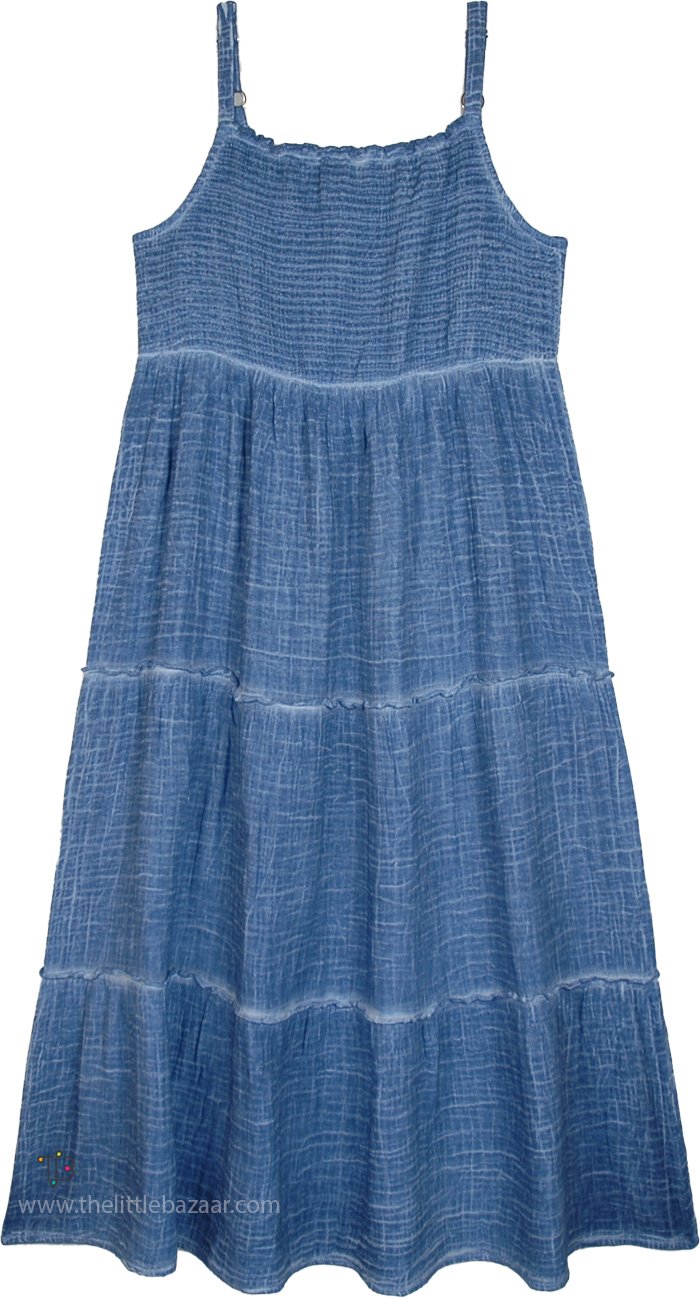 Spaghetti Straps Shirred Waist Maxi Dress, Crinkled Blue Washed Cotton Tiered Summer Dress