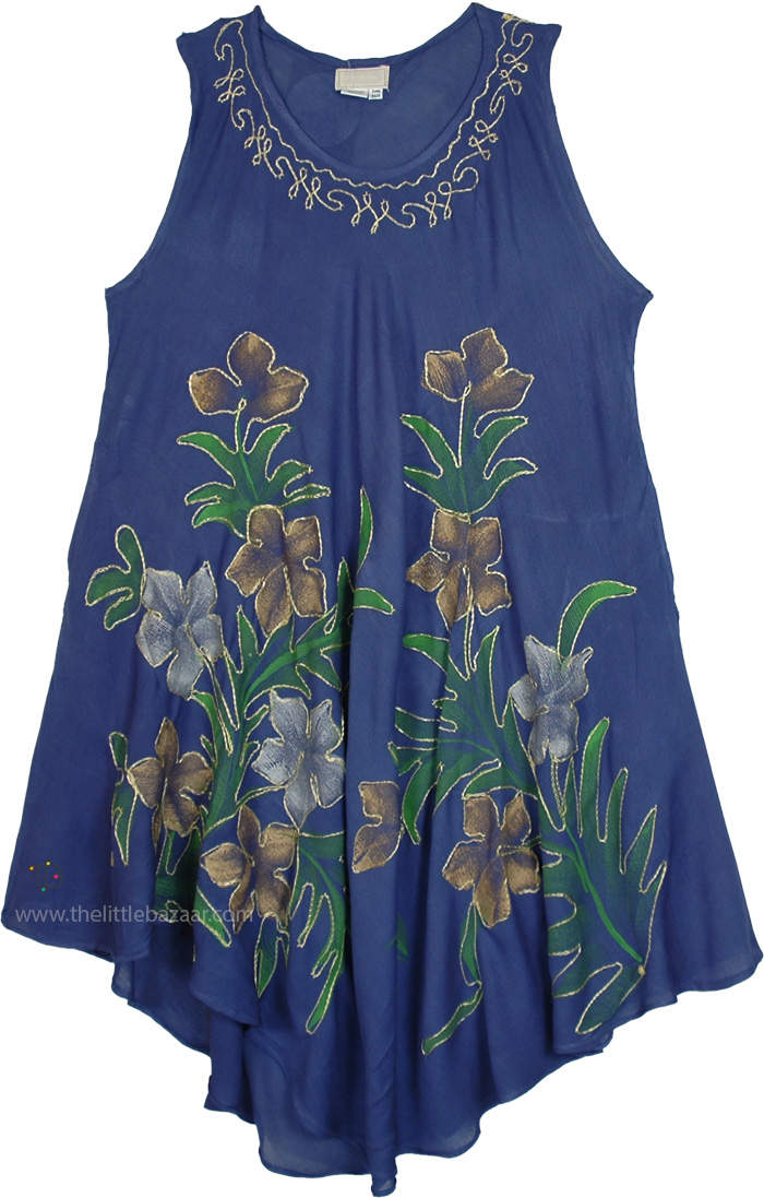 Light Rayon Beach Cover-Up with Painted Flowers, Painted Floral Beach Dress in Denim Blue