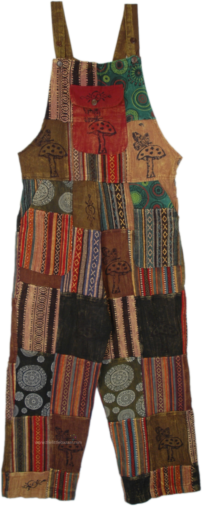 Bohemian Patchwork Overalls with Buttons, Sunray Patchwork Hippie Overall Jumpsuit