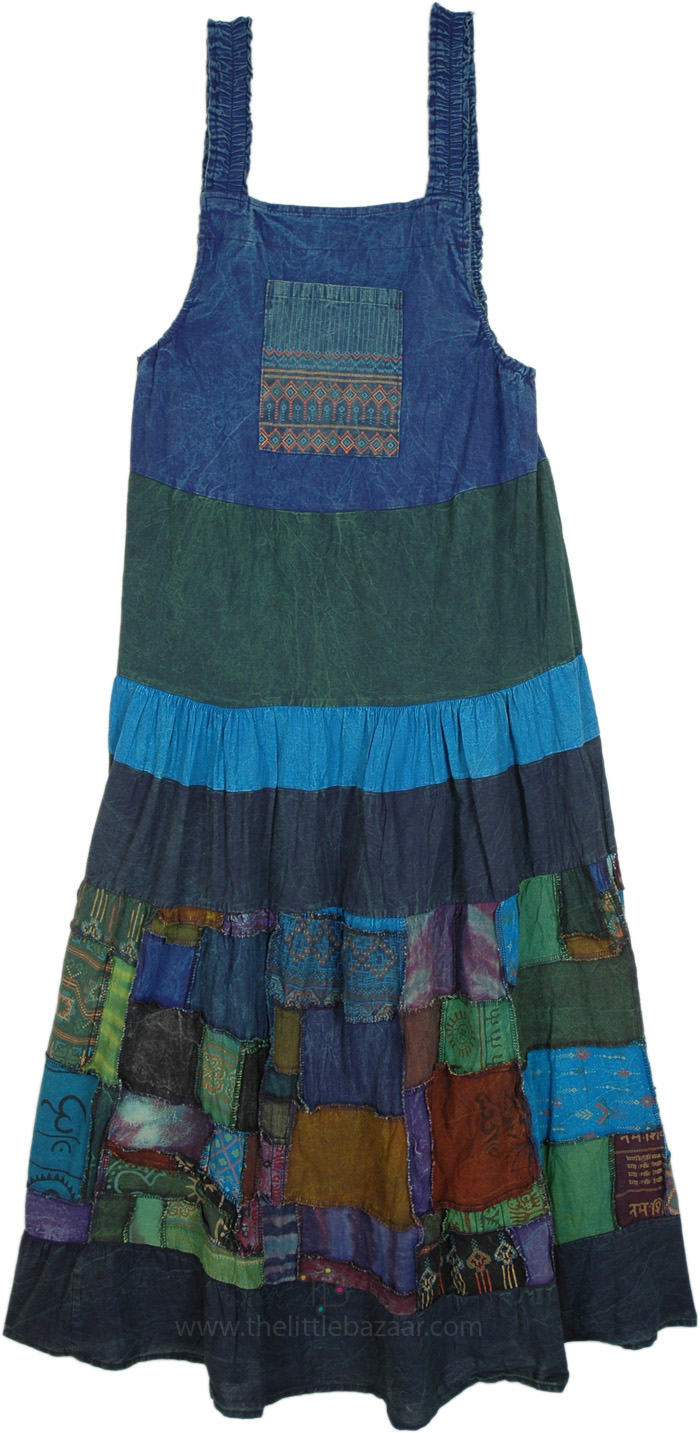 Deep Blues Bohemian Patchwork Sleeveless Dress