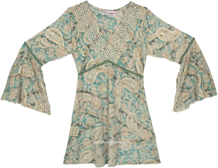 Boho Chic Flared Dress with All Over Print, Green Paisley Short Dress with Bell Sleeves