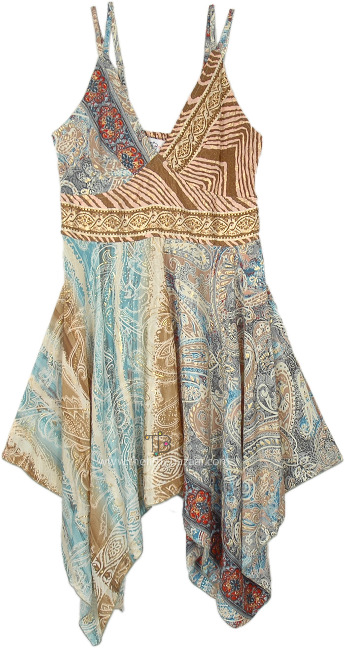 Boho Chic Flowy Dress in Patchwork, Boho Stiletto Patchwork Uneven Flowy Dress