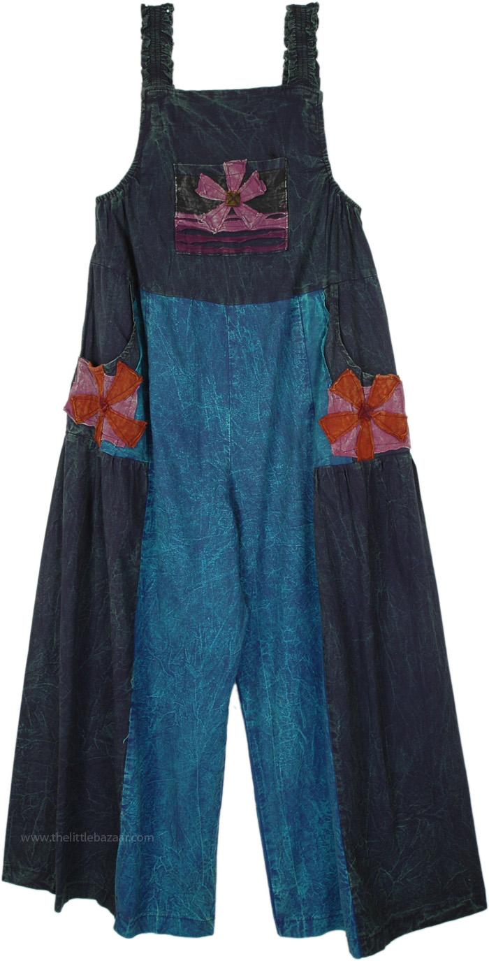 Sleeveless Bohemian Cotton Black Blue Overalls Jumpsuit, Vibrant Flower Teal Black Bohemian Jumpsuit