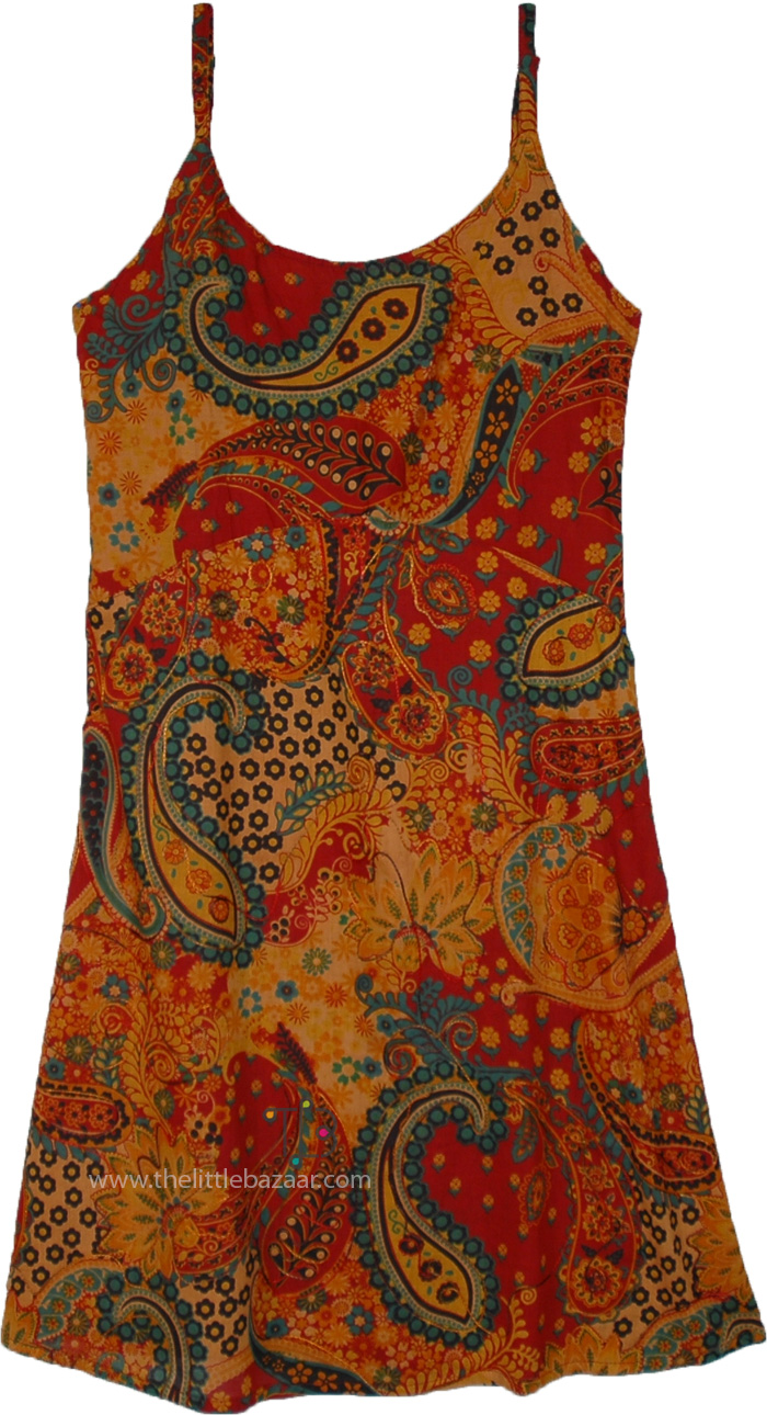 Golden Red Paisley Cotton Sleeveless Dress