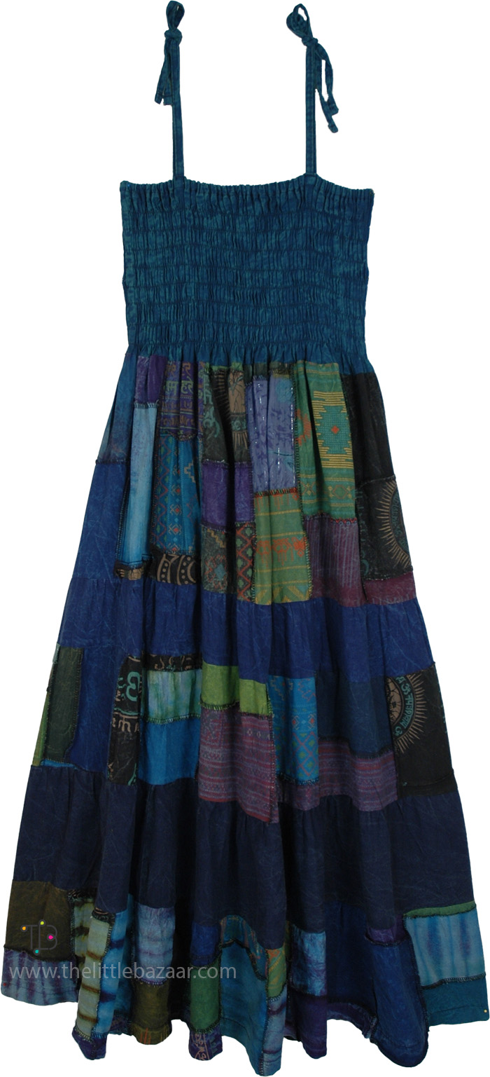 Smocked Boho Blue Patchwork Dress or Skirt, Blue Nile Boho Cotton Patchwork Long Dress Skirt