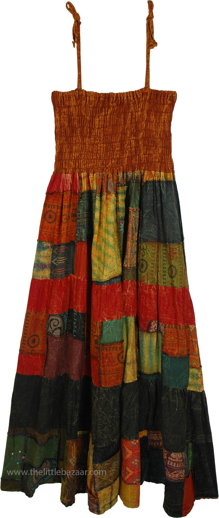 Smocked Boho Orange Patchwork Dress or Skirt, Copper Versatile Boho Cotton Patchwork Dress Skirt