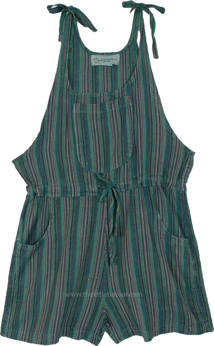 Pine Green Stripes Boho Cotton Romper